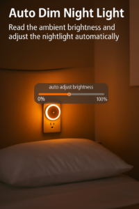 Auto dimming amber night light adjusts brightness in bedroom environment